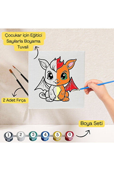 hediye hobim Çocuklar İçin Eğitici Sayılarla Boyama Seti Dragon–20x20 Tuval,B...