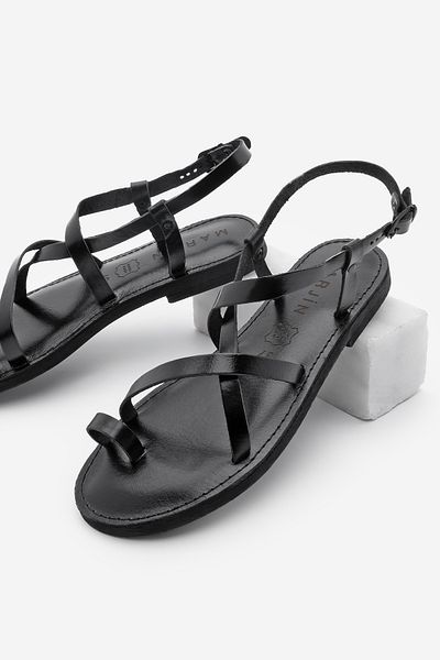 Marjin Women's Genuine Leather Flip Flop Strap Daily Sandals Belova Black