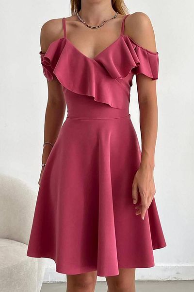 Deafox Φόρεμα Dusty Rose Crepe με λουράκι ώμου με βολάν