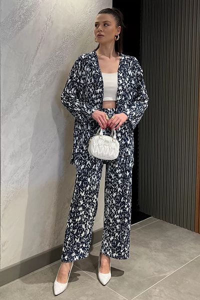 GÜLSELİ Navy Blue Women's Patterned Kimono Pants Double Set