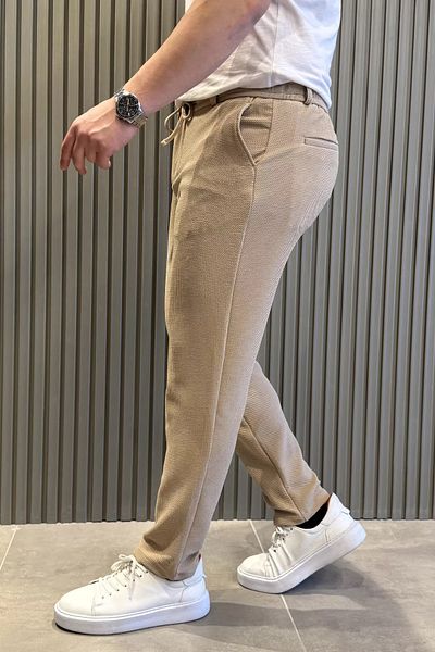 MİSHAR İTALİA Μπεζ ανδρικό παντελόνι Jogger με ελαστική μέση με κορδόνια