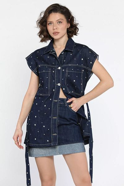 GÜLSELİ Dark Navy Blue Staple Detailed Belted Vest Skirt Women's Denim Jean Double Set