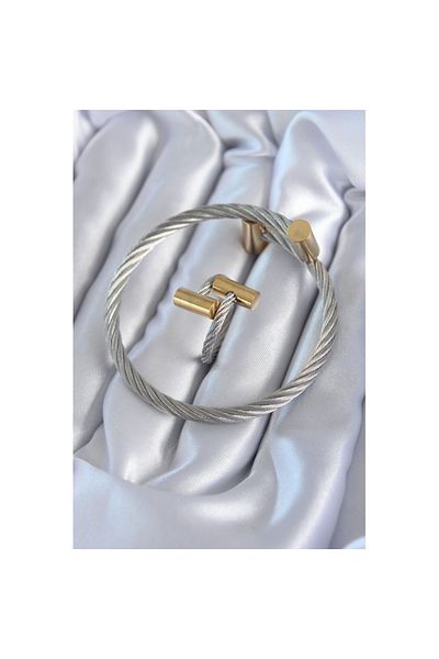 Skygo 316L Steel Silver Color Gold Detail Spiral Model Men's Bracelet Ring Combination - Tj-Eb3603