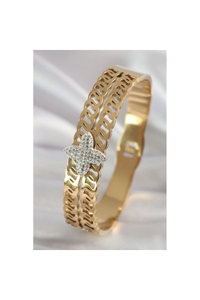 Skygo Gold Colored 316l Steel Zircon Stone Flower Model Women's Handcuffs - TJ-BB5902