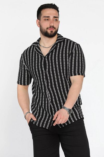 MİSHAR İTALİA Μαύρο ανδρικό κοντομάνικο πουκάμισο Jacquard