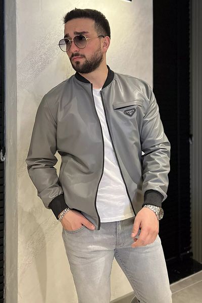 MİSHAR İTALİA Γκρι ανδρικό εποχιακό παλτό από συνθετικό δέρμα με επένδυση