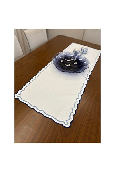 Denef Home Runner cu broderie dublă, albastru marin, 1 bucată - broderie la m...