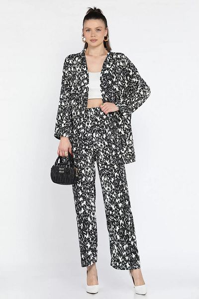 GÜLSELİ Black Women's Patterned Kimono Pants Double Set