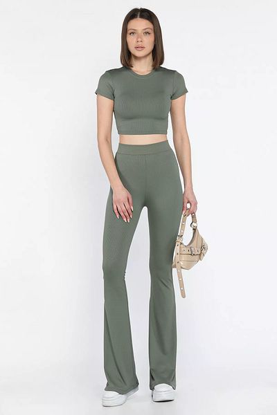 GÜLSELİ Khaki Women's Spanish Leggings Crop Ribbed Double Set