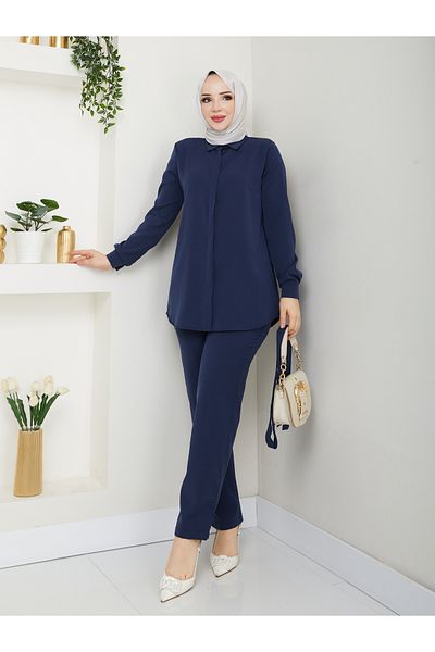 MODAMERSİ Women's Navy Blue Belted Buttoned Shirt Pants Hijab Two Piece Set