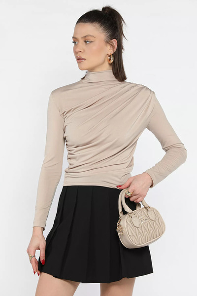 julude Beige Shoulder and Waist Draped Women's Blouse