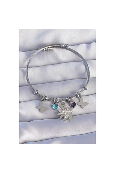 Skygo Zircon Stone SiLver CoLor BraceLet - Bird DesiGn, ButterfLy DeTaiL, 316L SteeL - TJ-BB6194