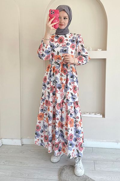 ButikMoor Mo340 Wide Floral Pattern Lilac Dress