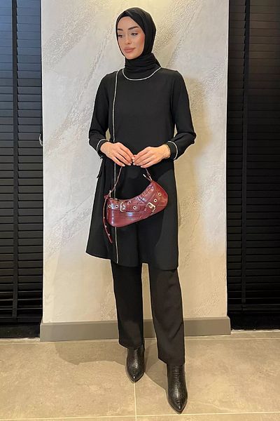 julude Μαύρο Γυναικείο Πέτρινο Κεντημένο Hijab Παντελόνι Σετ δύο τεμαχίων