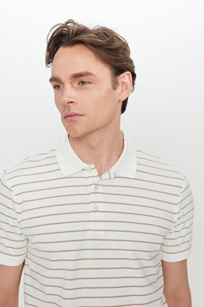 ALTINYILDIZ CLASSICS Men's White-Mink Cotton Slim Fit Slim Fit Polo Neck T-Shirt