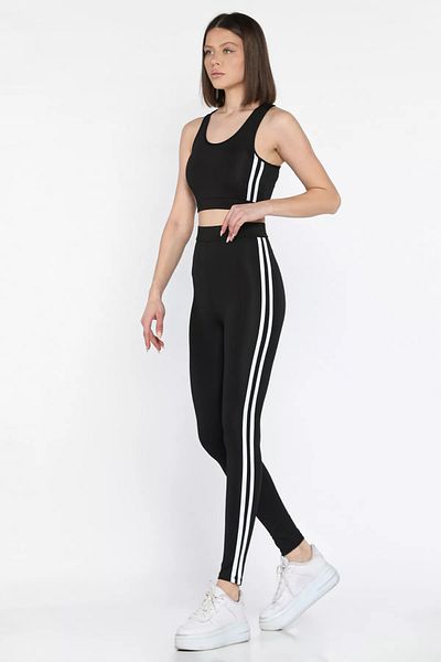 GÜLSELİ Black Women's Stripe Detailed High Waist Athlete Leggings Crop Bustier Set of Two