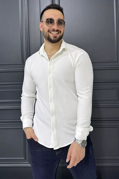 MİSHAR İTALİA Κρεμ ανδρικό μακρυμάνικο πουκάμισο