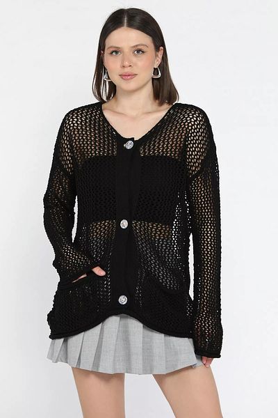 GÜLSELİ Black Button Detailed Openwork Women's Knitwear Cardigan