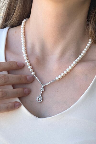 Birinci1926 925 Ayar Gümüş Kadın Damla Zirkon Taşlı Doğal Incili Küpe Kolye Bileklik Yüzük Dörtlü Set