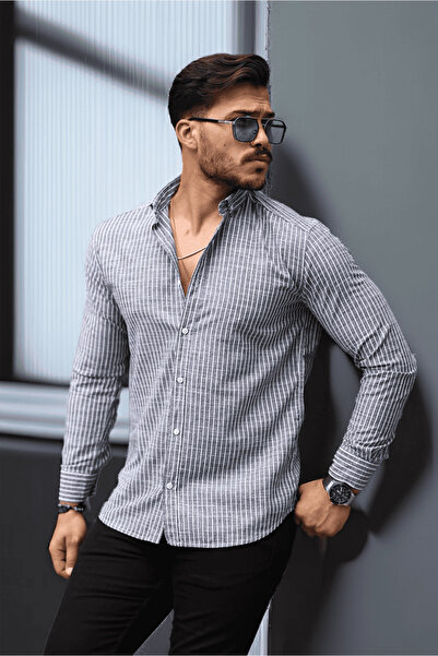 Valiberta Nefes Alabilir Zarif Günlük Carina Çizgili Pamuklu Erkek Gömlek - Lacivert