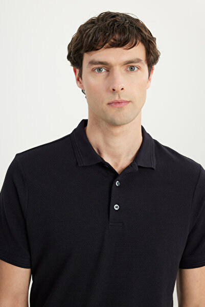 ALTINYILDIZ CLASSICS Men's Black Cotton Slim Fit Slim Fit Polo Neck Jacquard Stretch T-Shirt