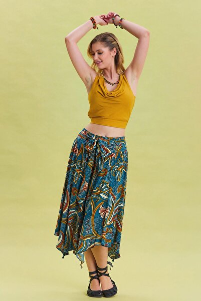 Los banditos Fustă midi evazată cu cravată în talie