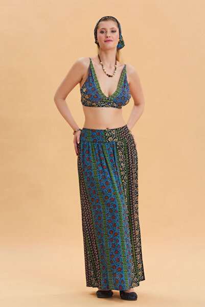 Los banditos Fustă cu fantă adâncă în talie elastică, cu model floral