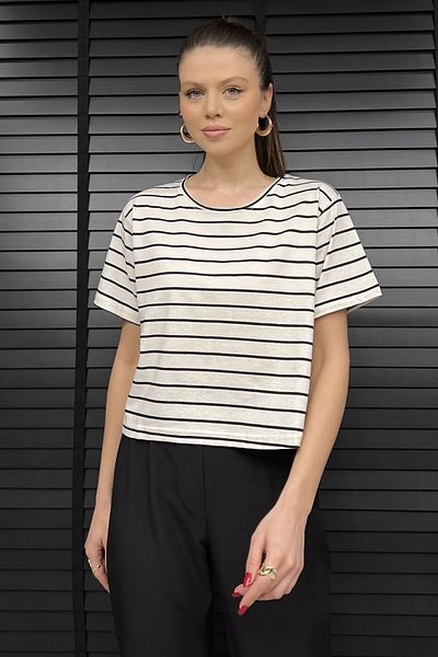 GÜLSELİ Tricou de damă cu dungi crem cu decolteu