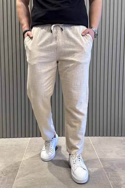 MİSHAR İTALİA Ανδρικό λινό παντελόνι Jogger με κορδόνια Stone