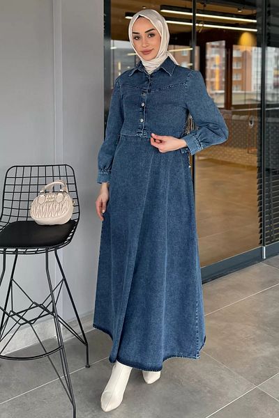 julude Rochie de blugi cu cravată în talie albastră, haină, costum din două piese hijab