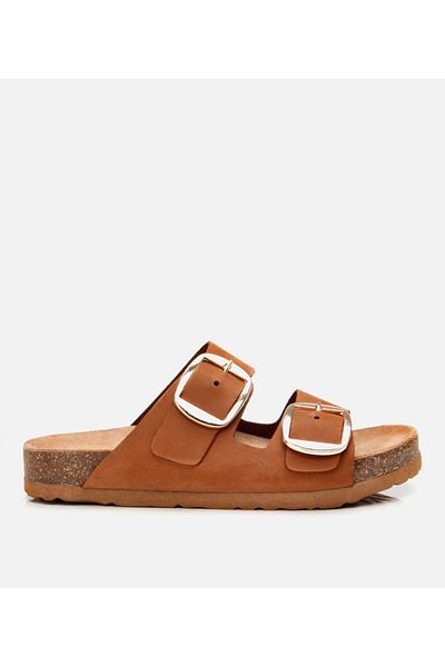 Hotiç Women's Nubuck Leather Tan Belted Slippers