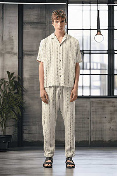 Valiberta Bohemian Striped Knitted Fabric Men's Shirt - Ecru