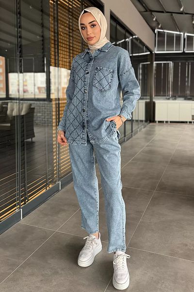 julude Ice Blue Γυναικεία Μονή Τσέπη Πέτρα Λεπτομερή Jean Denim Jacket Παντελόνι Hijab Σετ δύο τεμαχίων