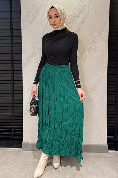 julude Σμαραγδένια Πράσινη Μέση Ελαστική Crinkle Voile Hijab Φούστα