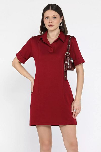 GÜLSELİ Γυναικείο φόρεμα μπορντό Polo γιακά με διπλό μανίκι
