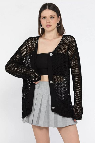 GÜLSELİ Black Button Detailed Openwork Women's Knitwear Cardigan