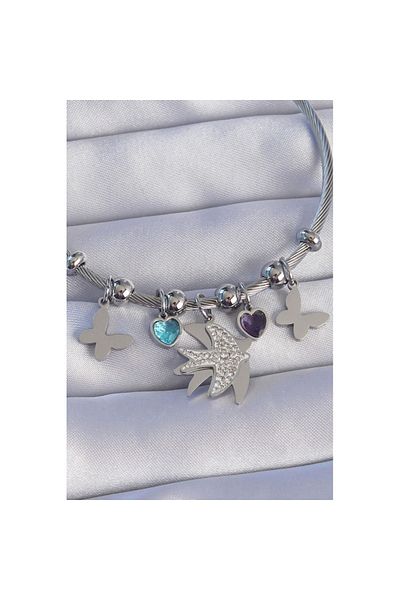 Skygo Zircon Stone SiLver CoLor BraceLet - Bird DesiGn, ButterfLy DeTaiL, 316L SteeL - TJ-BB6194