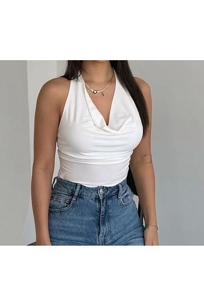 MODAYA Draped Halter Neckline Crop Top