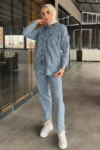 julude Ice Blue Γυναικεία Μονή Τσέπη Πέτρα Λεπτομερή Jean Denim Jacket Παντελόνι Hijab Σετ δύο τεμαχίων