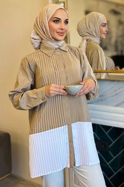 julude Μπεζ Χρώμα Γαρνιρισμένο Πλισέ Πουκάμισο Hijab με Πλισέ