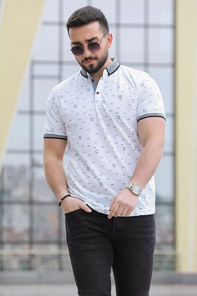 MİSHAR İTALİA Tricou polo pentru bărbați cu model Lycra alb-albastru închis