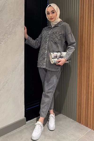 julude Anthracite Γυναικείο Μονό Τσέπη Πέτρα Λεπτομερές Τζιν Τζιν Μπουφάν Παντελόνι Hijab Διπλό Σετ