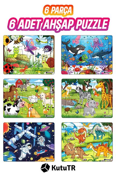 kutuTR Kids Puzzle Set - Educational Wooden 6 Pieces 13X17 Colorful