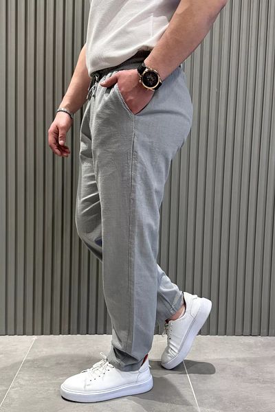 MİSHAR İTALİA Γκρι ανδρικό λινό παντελόνι Jogger με δέσιμο στη μέση