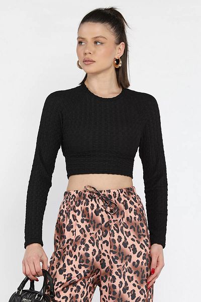 GÜLSELİ Γυναικεία Crop Top Μπλούζα με ανάγλυφο σχέδιο με μαύρη ελαστική μέση και δέσιμο
