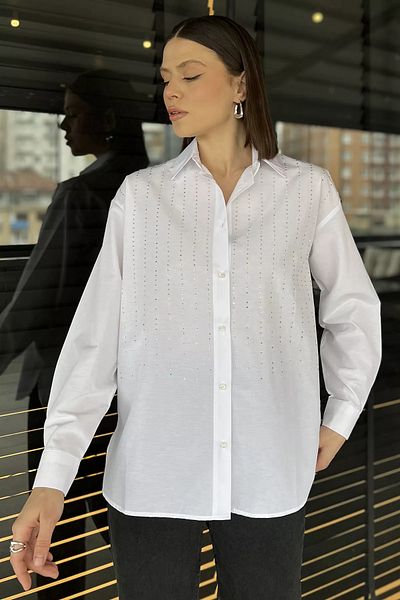 GÜLSELİ Cămașă albă de piatră cu mânecă lungă pentru femei