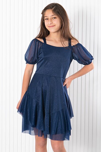 SUBU TASARIM Rochie de seara din tul cu sclipici albastru bleumarin - MDV940