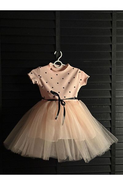 SuAy Baby Rochie cu mânecă scurtă cu buline pentru fete cu fustă din tul
