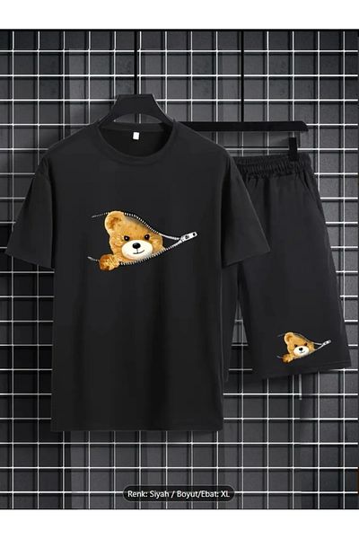 NO 601 Men's Black Zippered Teddy Bear Printed T-Shirt Black Combed Cotton Short Set