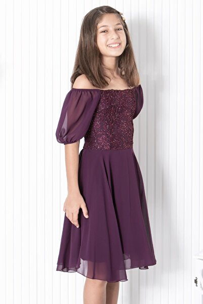 SUBU TASARIM Βραδινό φόρεμα σιφόν με λεπτομέρεια με μανίκια δαμάσκηνο Mdv332